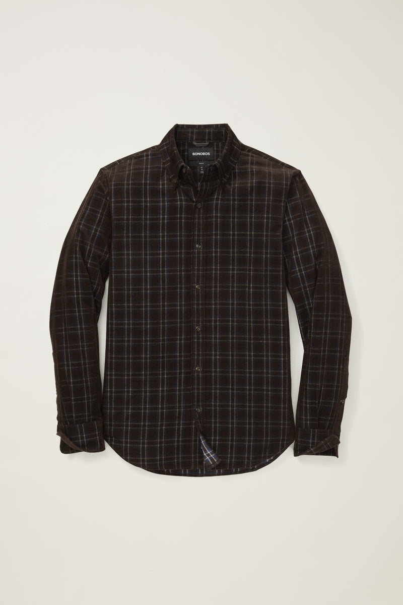 Wholesale,Bonobos, Bonobos Chocolate/Blue Plaid Stretch Corduroy Slim Fit Shirt, Brown, Large-46-TagL