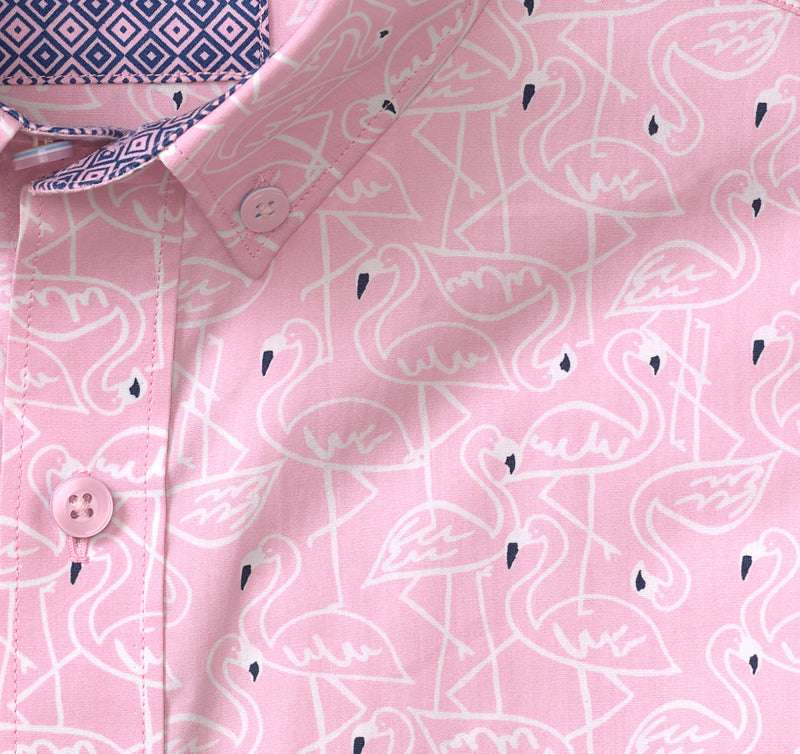 Johnston & Murphy Pink Flamingo Print Cotton Short Sleeve Shirt with Contrast Print Facings