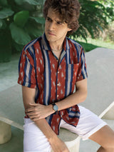 Pali Rust/Blue Striped Cuban Collar Handwoven Ikat Shirt