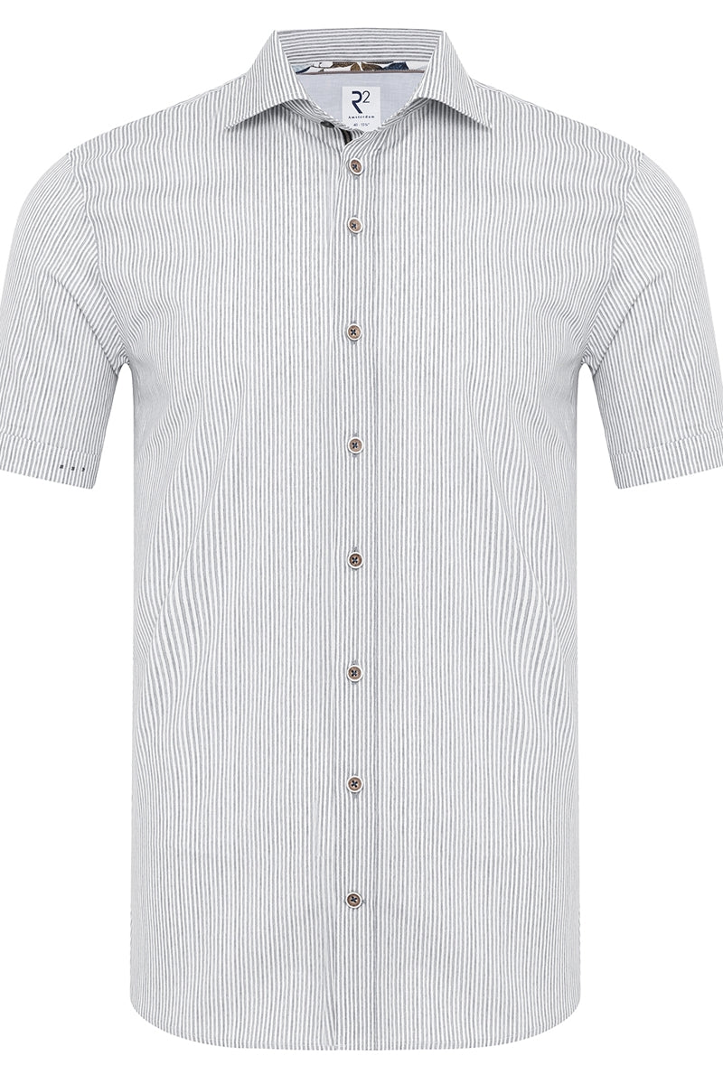 Direct From Brand,R2 Amsterdam, R2 Amsterdam Grey/White Stripped Stretch Short Sleeve Button Up Shirt, Grey, Medium-42-Tag40