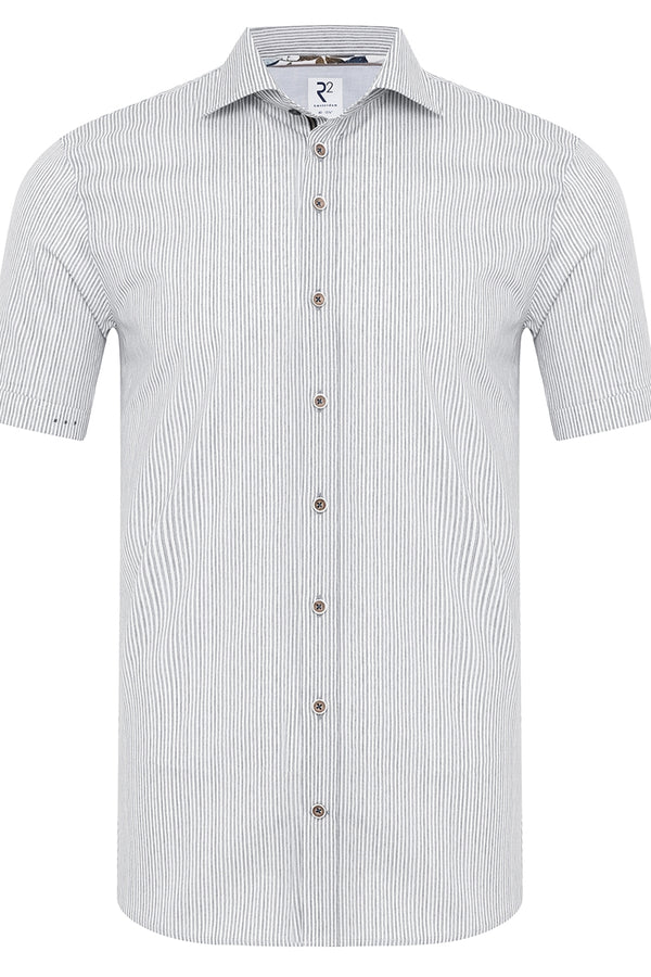 R2 Amsterdam Grey/White Stripped Stretch Short Sleeve Button Up Shirt