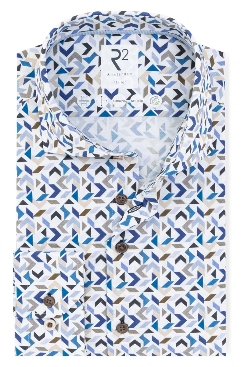 Direct From Brand,R2 Amsterdam, R2 Amsterdam Blue/White Multi Geo Pattern Shirt, Blue, Small-40-Tag38Medium-42-Tag40Large-44-Tag41Extra Large-48-Tag43Extra Extra Large-50-Tag44Extra Extra Large-52-Tag45