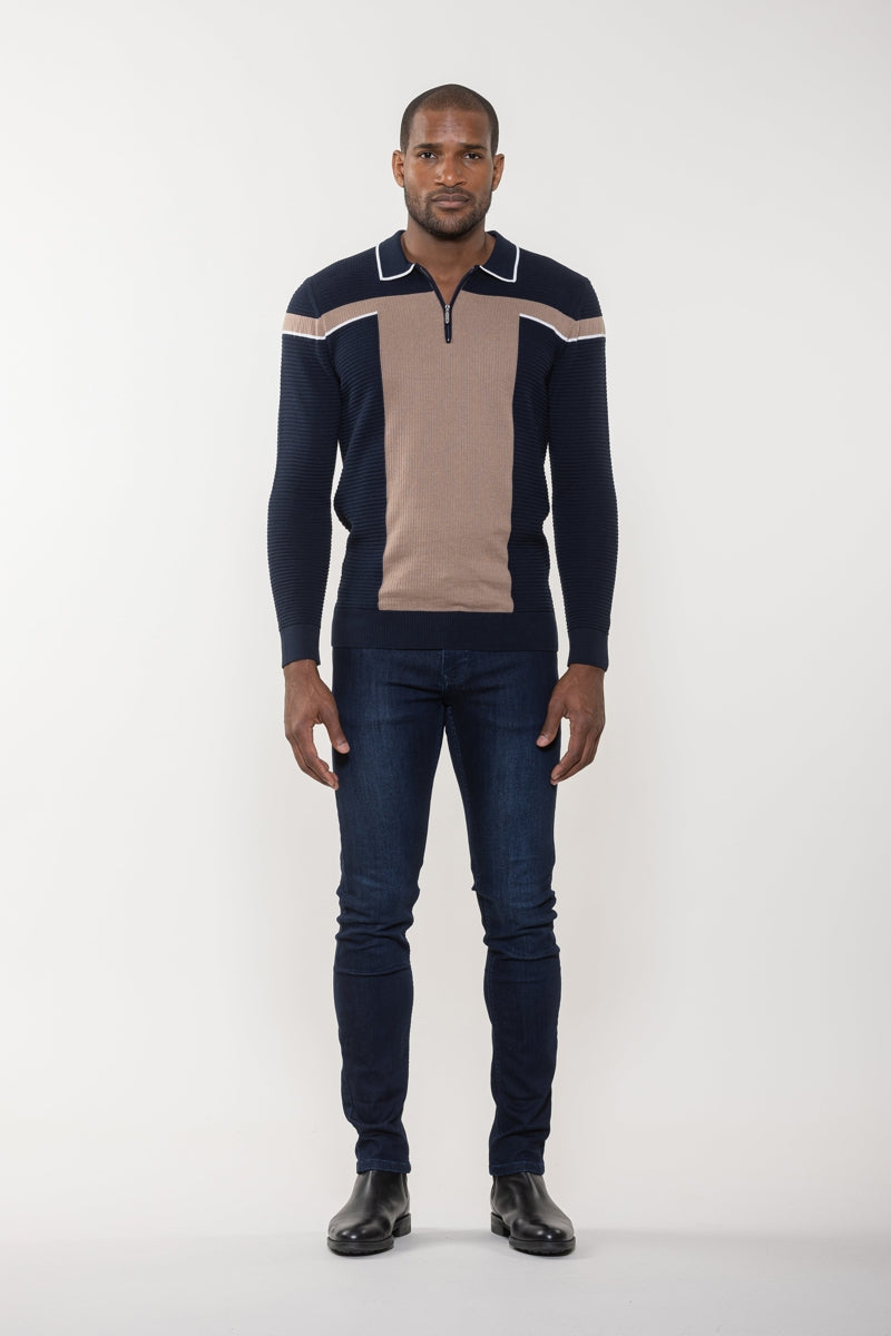 Wholesale,Luchiano Visconti, Luchiano Visconti Navy with Tan Colorblock Waffle Zip Polo, Blue, Small-38-TagSMedium-40-TagMLarge-42-TagLExtra Large-44-TagXLExtra Extra Large-45-TagXXL