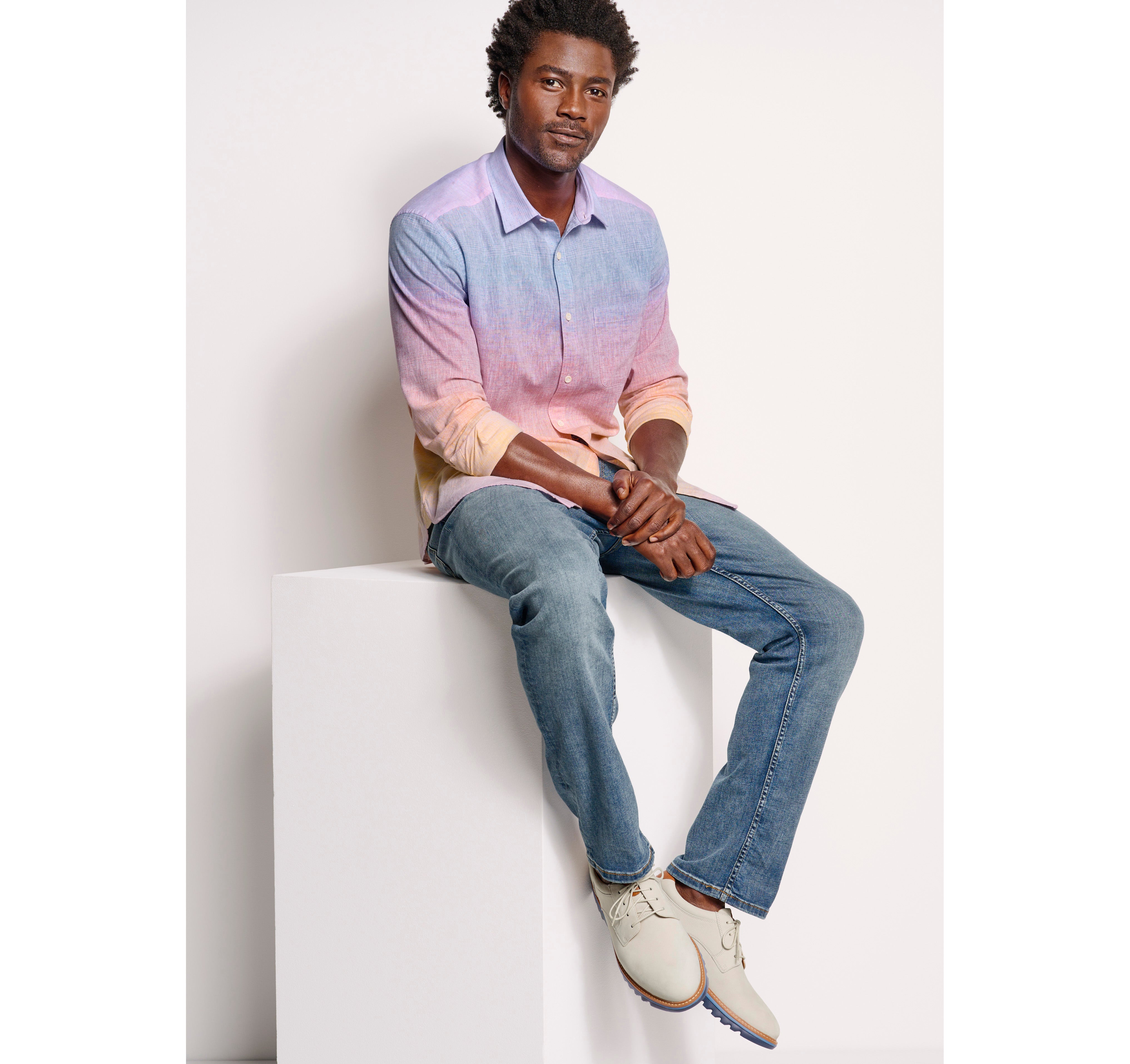 Wholesale,Johnston & Murphy, Johnston & Murphy Blue Multi Ombre Washed Linen/Cotton Blend Long Sleeve Shirt, Blue, Large-47-TagL