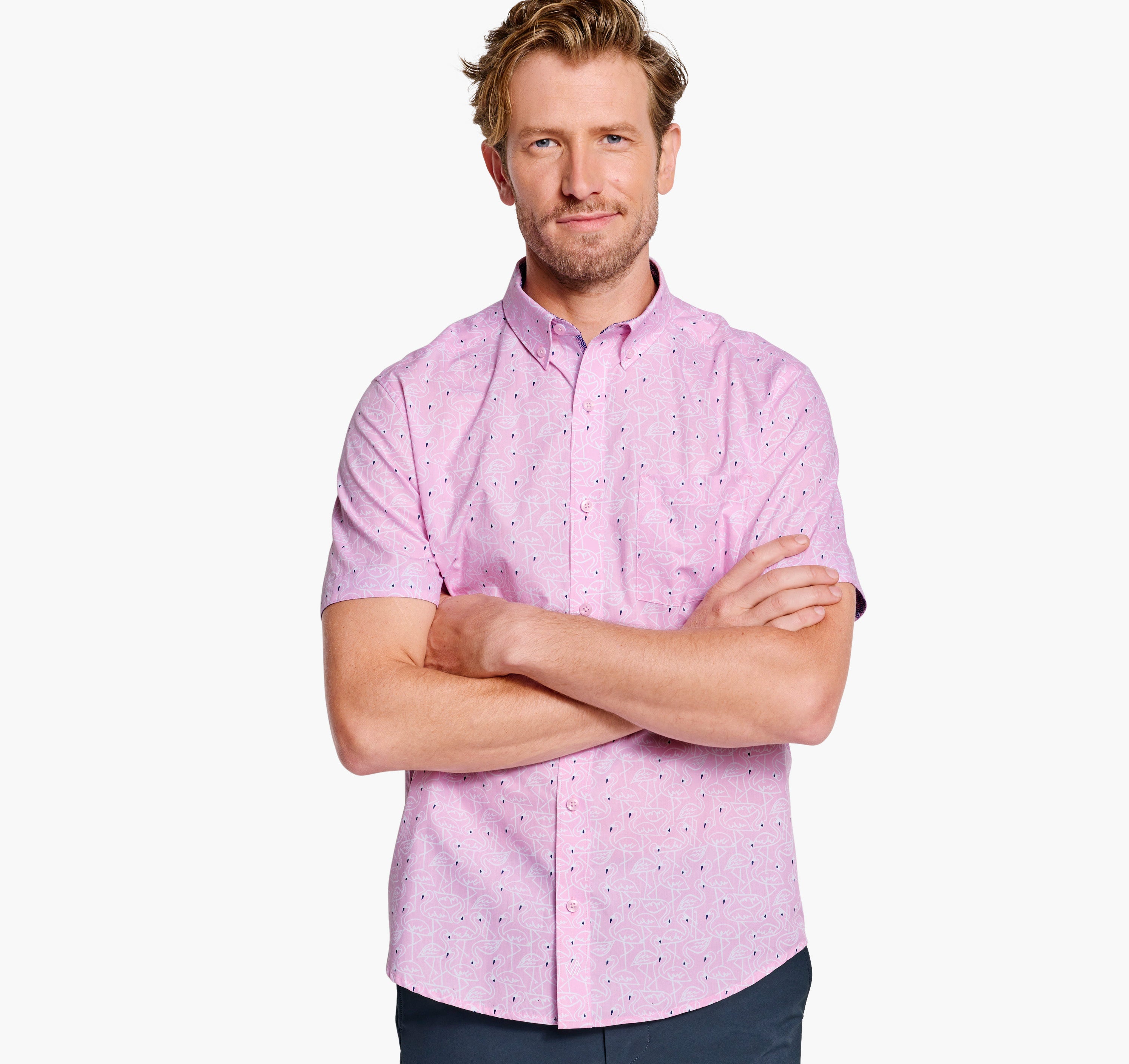 Wholesale,Johnston & Murphy, Johnston & Murphy Pink Flamingo Print Cotton Short Sleeve Shirt with Contrast Print Facings, Pink, Large-48-TagL