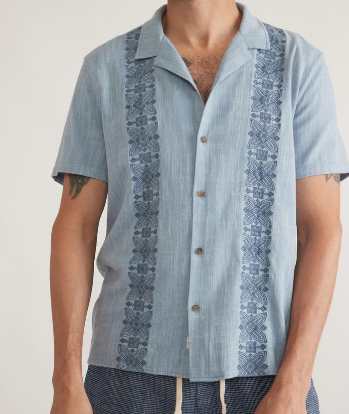 Marine Layer Mid Blue Stretch Selvage Embroidered Resort Shirt