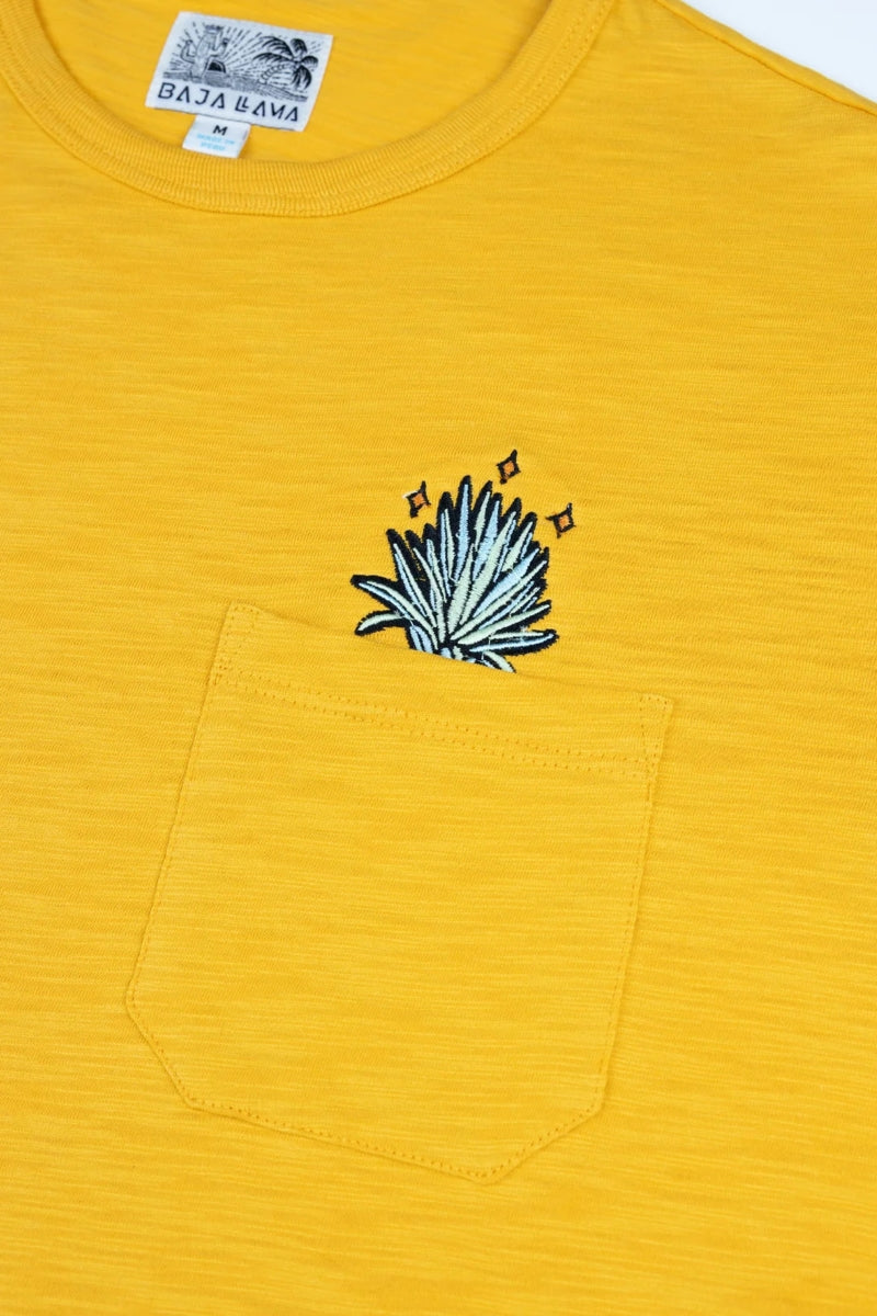 Wholesale,Baja Llama, Baja Llama Mustard Agave Embroidered Slub Pima Tee, Yellow, Small-39-TagSMedium-41-TagMLarge-44-TagLExtra Large-47-TagXL
