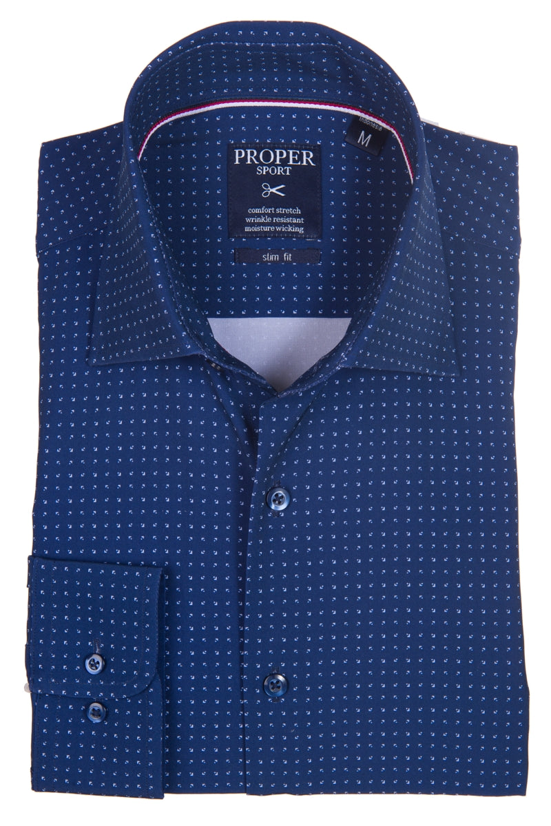 Wholesale,Proper Sport, Proper Sport Navy Geo Print Four-way Stretch Slim Fit Dress Shirt, Blue, Small-38-TagSMedium-41-TagMLarge-45-TagLExtra Large-49-TagXLExtra Extra Large-53-TagXXL