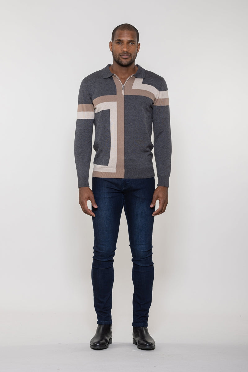 Wholesale,Luchiano Visconti, Luchiano Visconti Charcoal Intersia Geometric Color Block Zip Polo, Grey, Medium-42-TagMLarge-44-TagLExtra Large-46-TagXLSmall-40-TagSExtra Extra Large-48-TagXXL