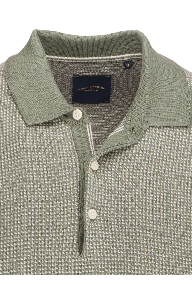 Faire,Guide London, Guide London Green/Stone 2 Tone Jacquard Knit Short Sleeve Polo, Green, Medium-40-TagM
