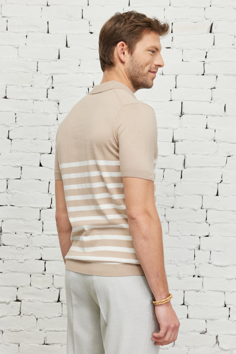 Wholesale,Altinyildiz Classics, Altinyildiz Classics Taupe with White Striped Knit Polo, Tan, Large-43-TagL