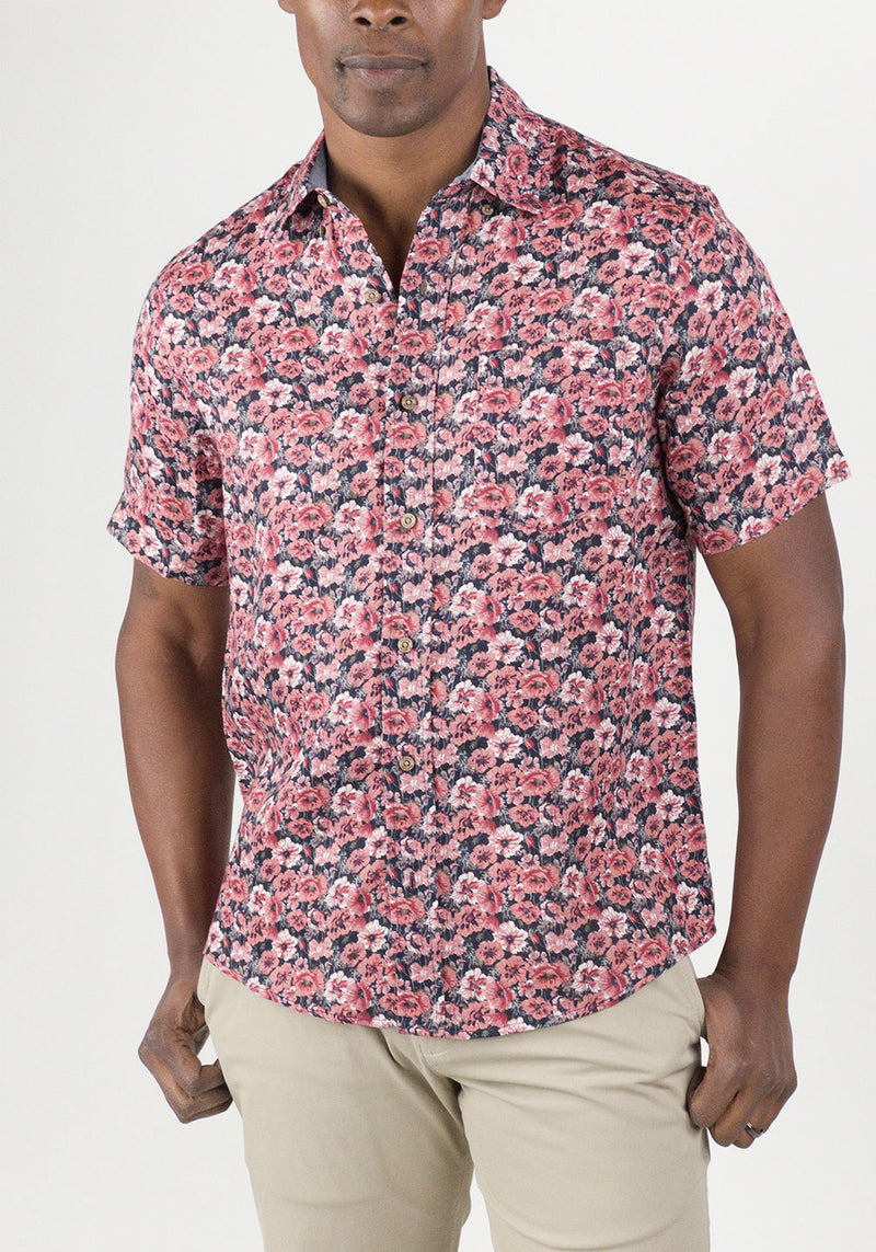 Brand Partner,Tailor Vintage, Tailor Vintage Dark Red Floral Print Puretec Cool Cotton/Linen Blend Shirt, Red, Small-41-TagSLarge-47-TagLExtra Large-51-TagXLExtra Extra Large-55-TagXXLMedium-44-TagM