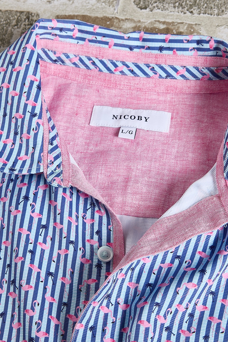 Wholesale,Nicoby Age of Wisdom, Nicoby Age of Wisdom Navy/Pink Flamingo Printed Striped Shirt, Blue, Medium-45-TagMLarge-47-TagLExtra Large-49-TagXL