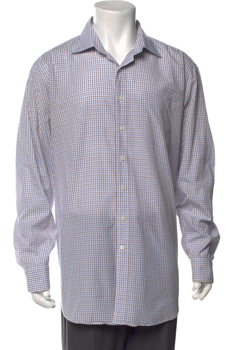 RealReal,Sid Mashburn, Sid Mashburn Blue/Tan Plaid Print Long Sleeve Dress Shirt, Blue, Extra Large-53-TagXL