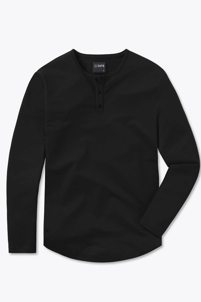 Wholesale,CUTS, CUTS Black Curve-Hem Buttery Soft Henley, Black, Small-39-TagSMedium-41-TagMLarge-43-TagLExtra Large-45-TagXLExtra Extra Large-47-TagXXL