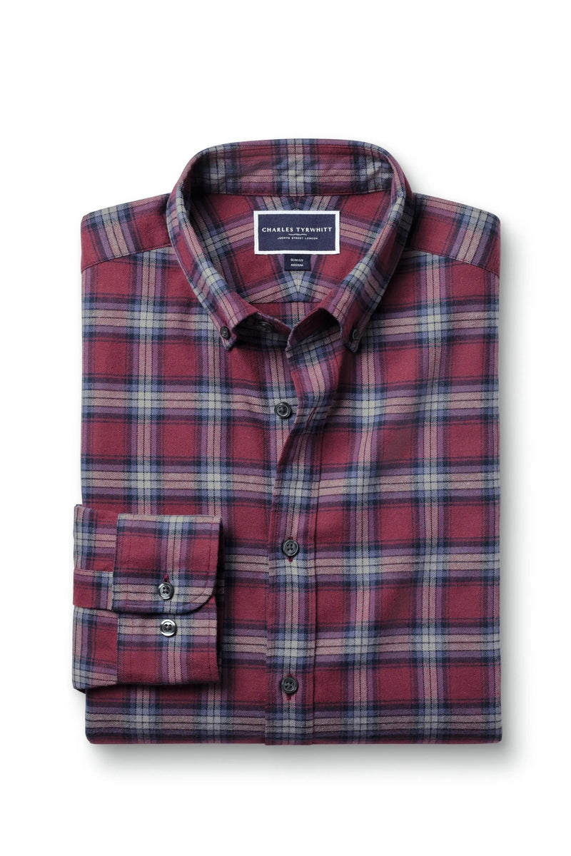 Wholesale,Charles Tyrwhitt, Charles Tyrwhitt Dark Red Check Brushed Flannel Shirt, Red, Extra Extra Large-51-TagXXL