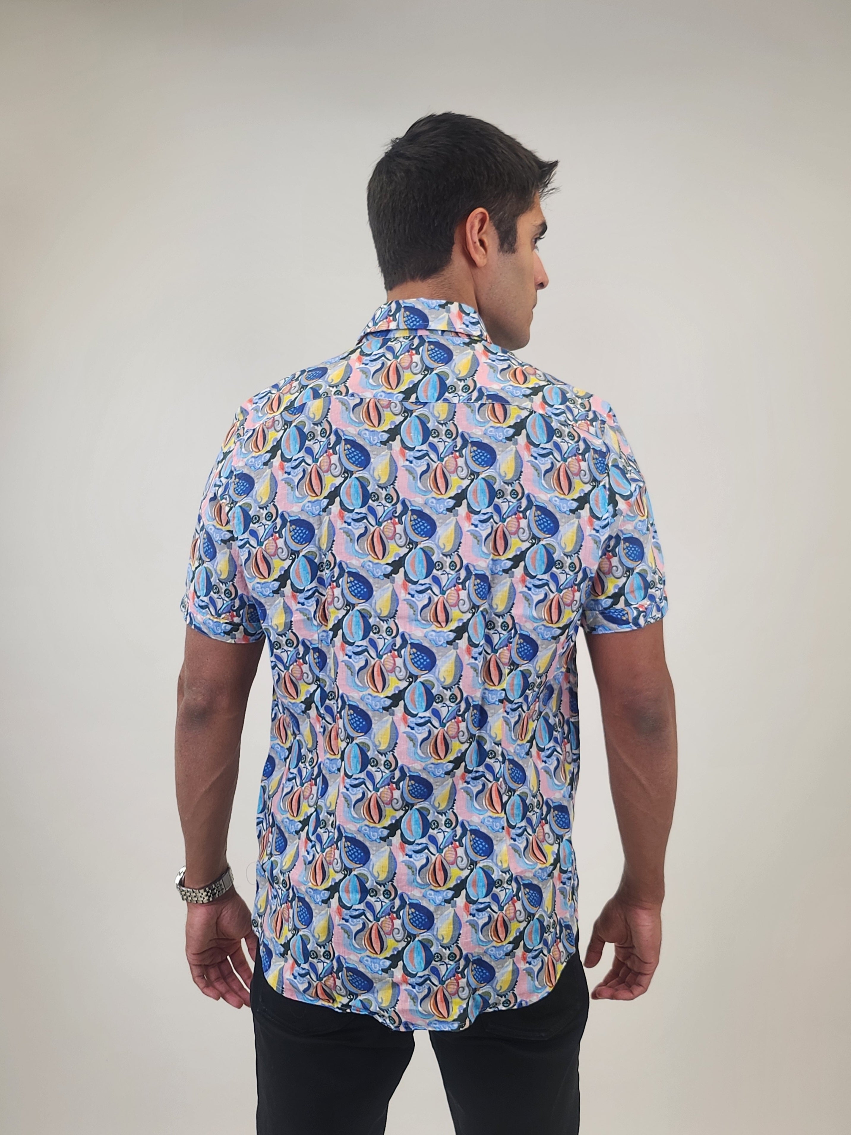 Brand Partner,R2 Amsterdam, R2 Amsterdam Blue/Yellow Hot Air Balloon Print Linen Shirt, Blue, Medium-44-Tag41