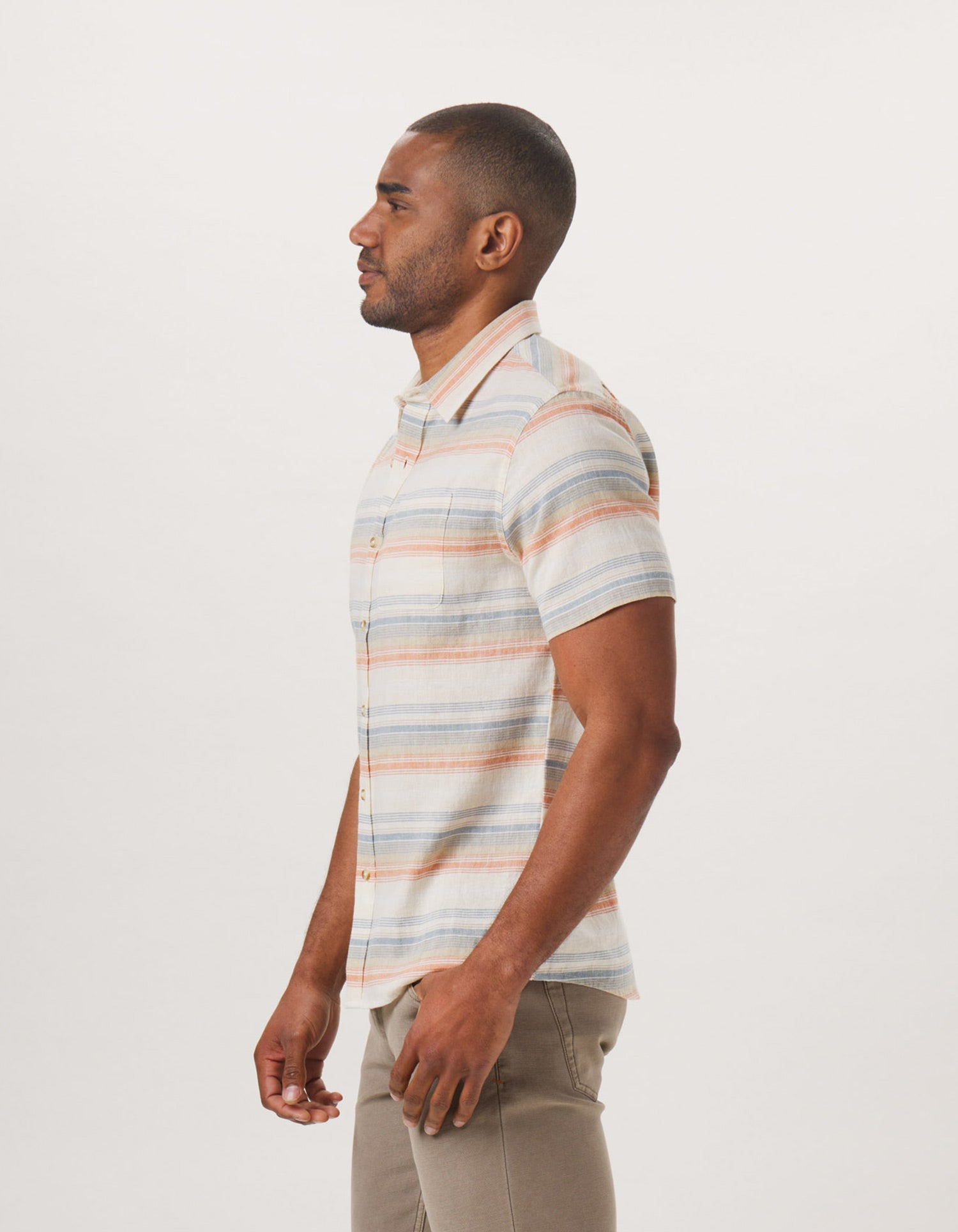 Wholesale,The Normal Brand, The Normal Brand Beige/Canyon Stripe Freshwater Short Sleeve Button Up Shirt, Tan, Medium-43-TagM
