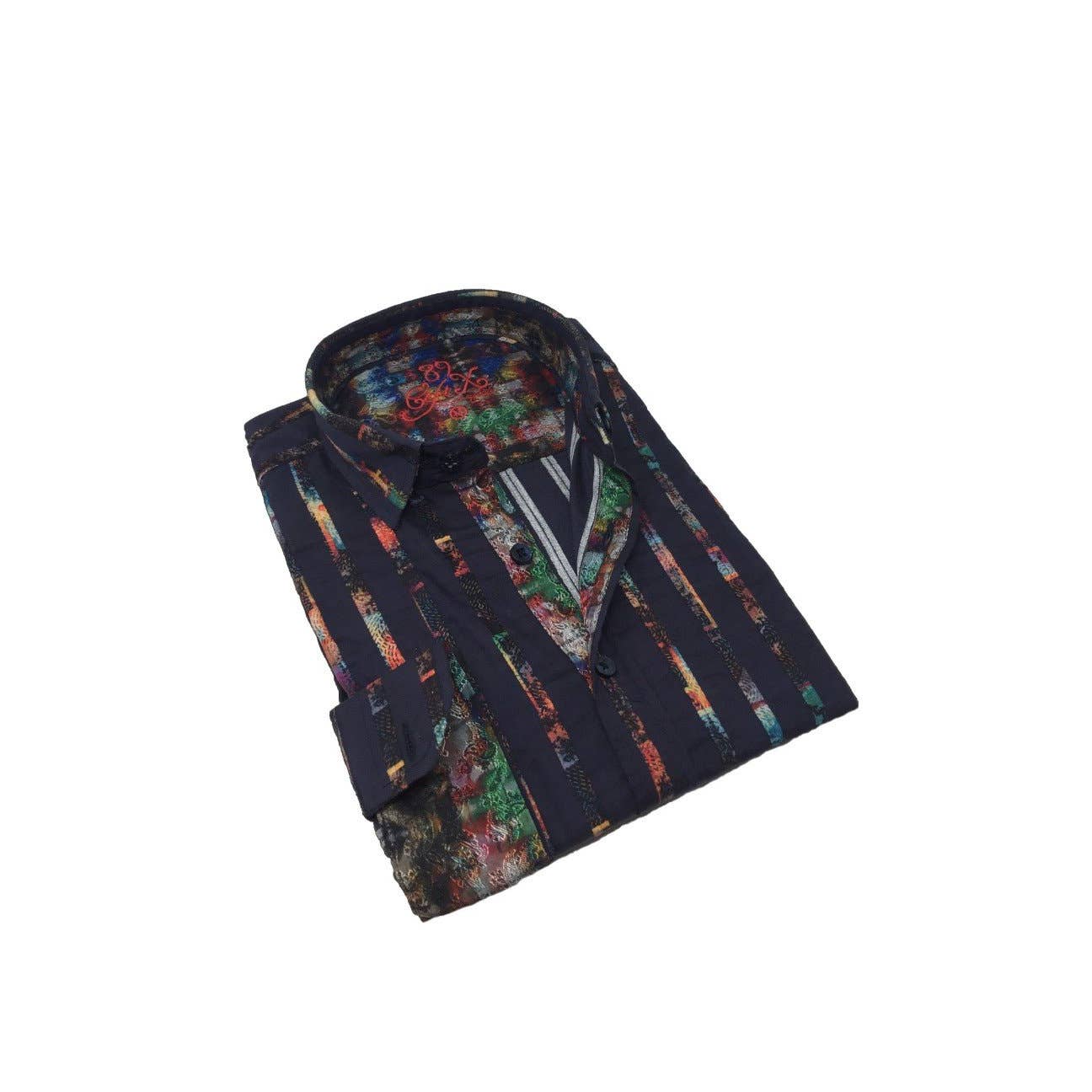 Faire,Eight X, Eight X Navy w/ Multicolor Vertical Stripe Print Button Up, Blue, Small-40-TagM