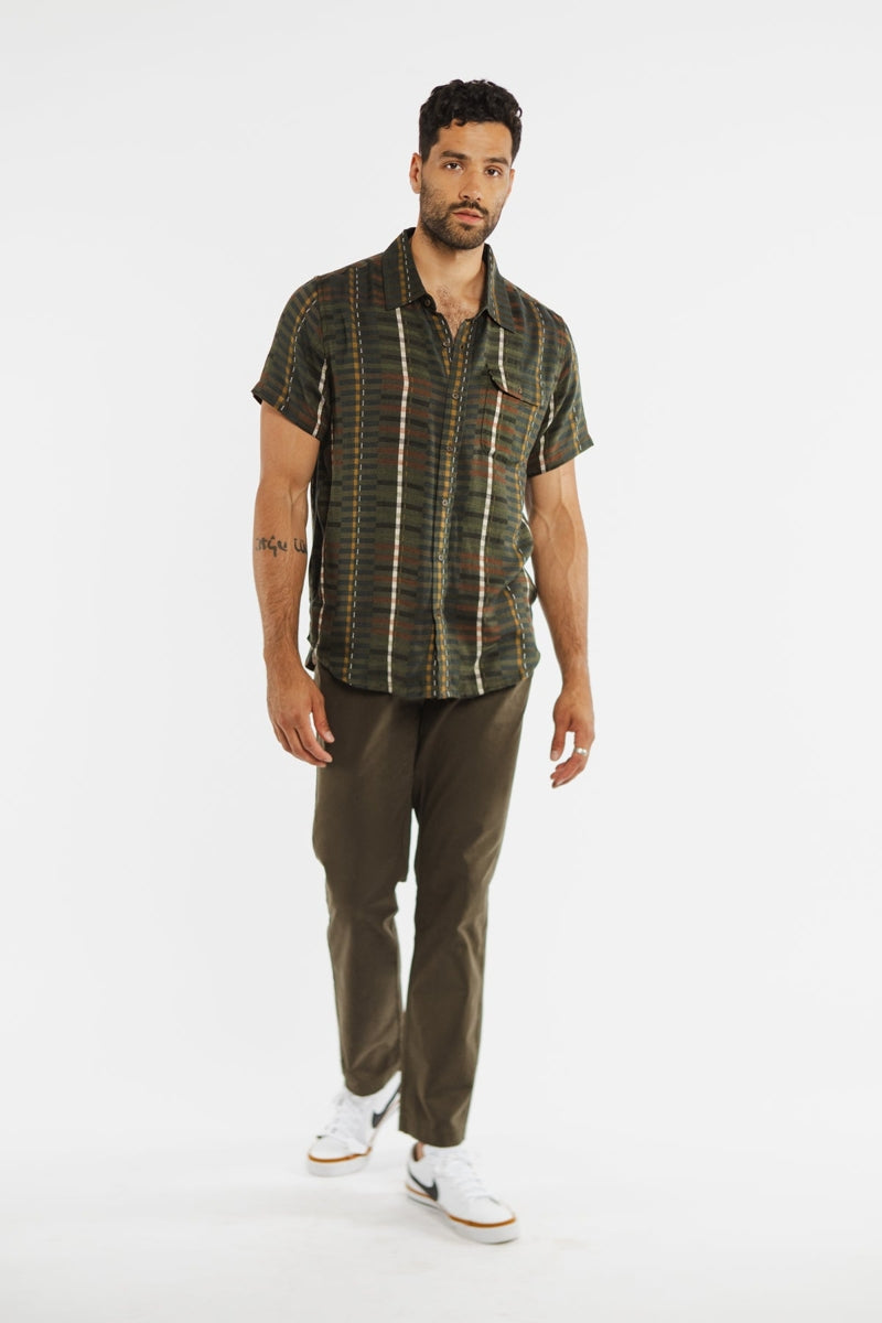 Faire,Bridge & Burn, Bridge & Burn Olive Multi Stripe Shirt, Green, Small-39-TagSMedium-42-TagMLarge-45-TagLExtra Large-48-TagXLExtra Extra Large-50-TagXXL