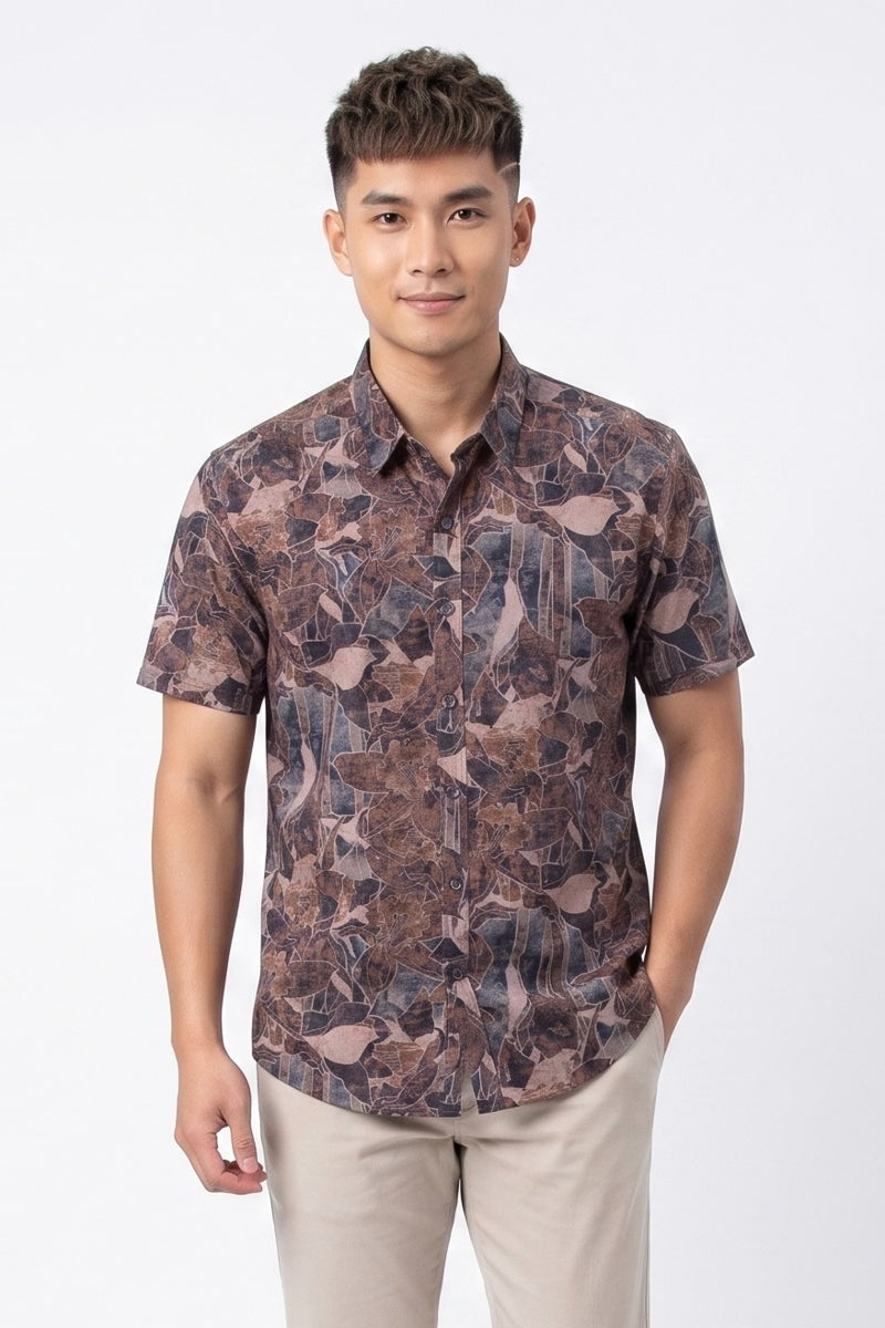 Brand Partner,Stitch Note, Stitch Note Brown Geometric Floral Outline Print Classic Shirt, Brown, Small-40-TagSMedium-42-TagMMedium-44-TagLLarge-46-TagXLExtra Large-48-TagXXL