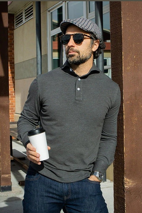 Wholesale,Brisk, Brisk Dark Grey Feather Soft Piqué Full Sleeve Polo, Grey, Small-38-TagS