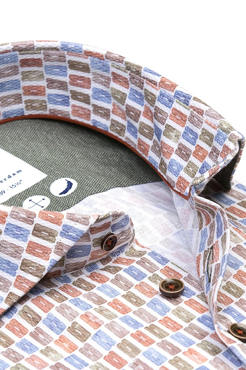 Direct From Brand,R2 Amsterdam, R2 Amsterdam White Multi Suitcase Print Dobby Shirt, White, Large-46-Tag42
