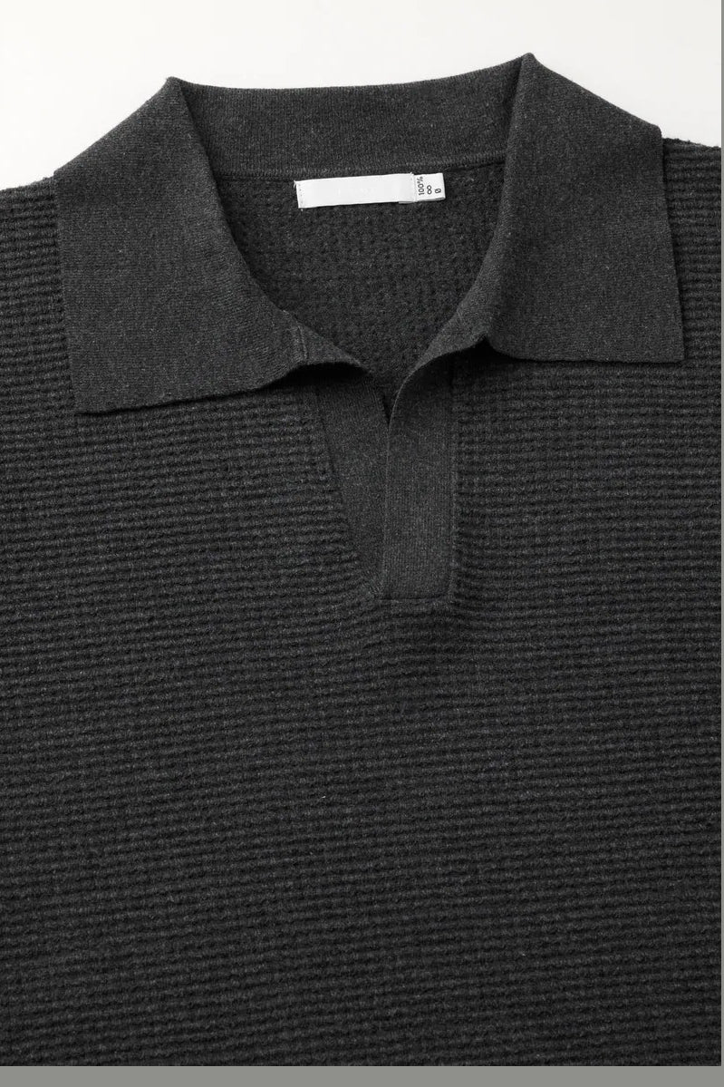 Direct From Brand,FYNE, FYNE Dark Grey Waffle Knit V-neck Sweater Polo, Grey, Medium-45-TagMLarge-48-TagL