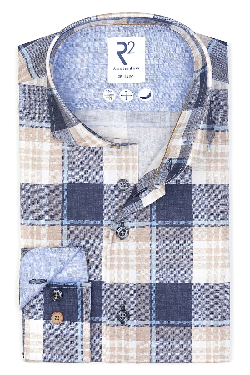 Direct From Brand,R2 Amsterdam, R2 Amsterdam Blue/Tan Plaid Dress Shirt, Blue, Large-44-Tag41
