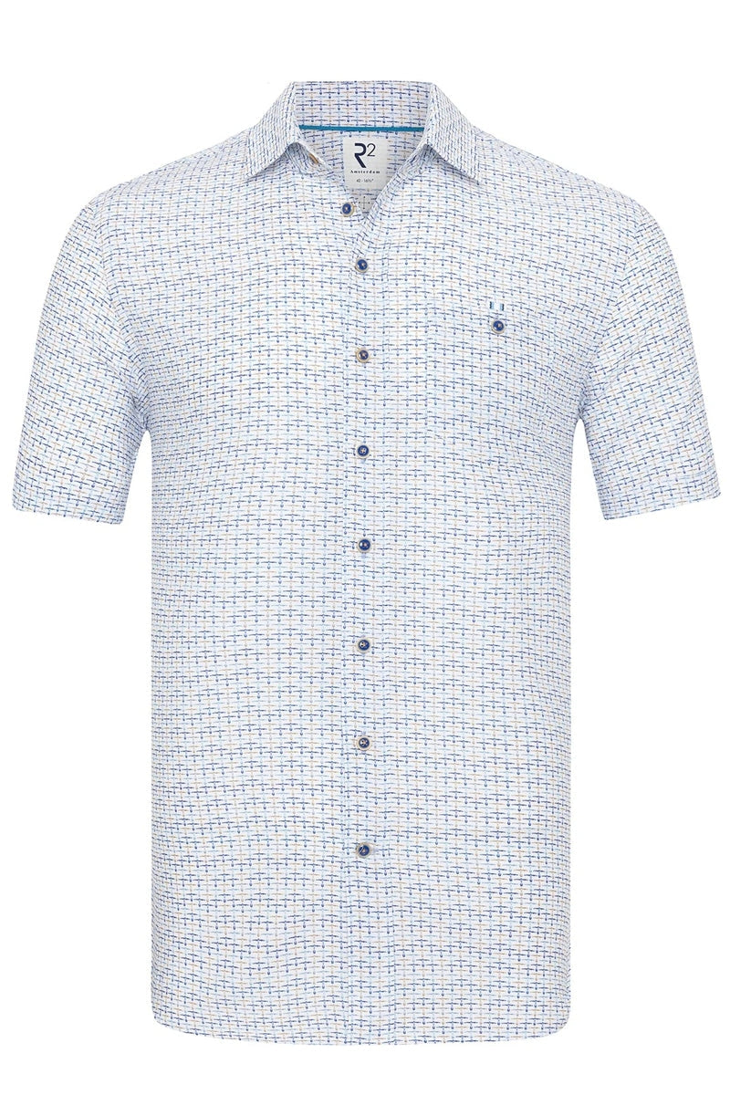 Direct From Brand,R2 Amsterdam, R2 Amsterdam Blue/Beige/White Abstract Line Print Shirt, Blue, Large-46-Tag42
