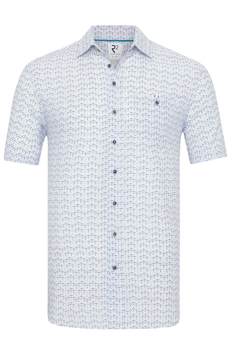 Direct From Brand,R2 Amsterdam, R2 Amsterdam Blue/Beige/White Abstract Line Print Shirt, Blue, Extra Large-48-Tag43