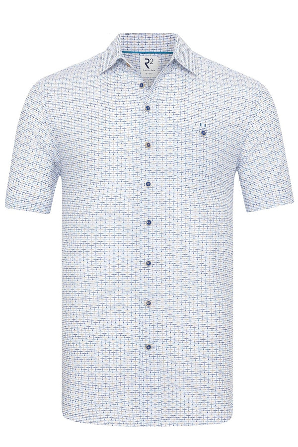 R2 Amsterdam Blue/Beige/White Abstract Line Print Shirt