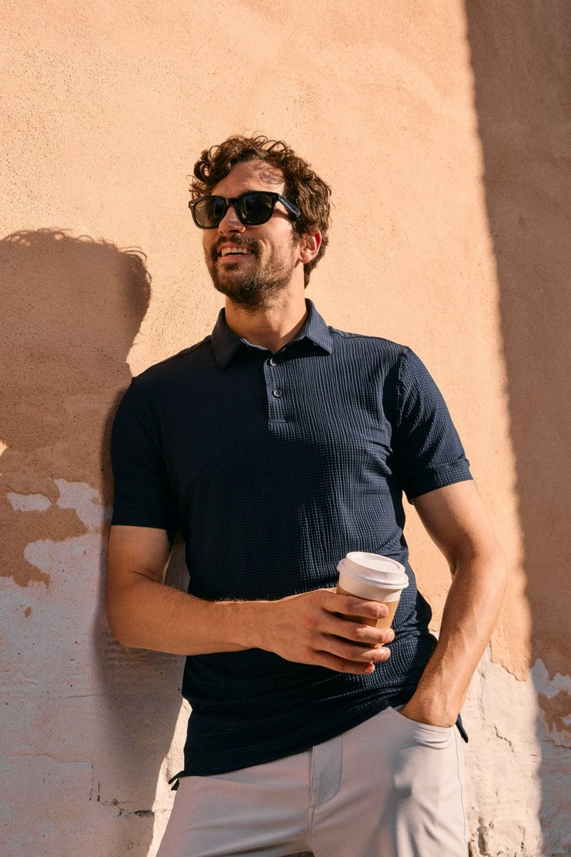 Wholesale,Mizzen + Main, Mizzen + Main Navy Seersucker Textured Knit Trim Fit Polo, Blue, Extra Extra Large-56-TagXXL