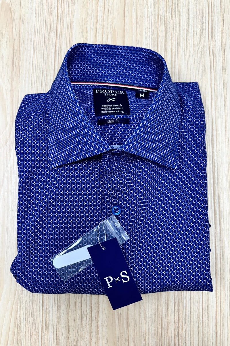Direct From Brand,Proper Sport, Proper Sport Blue Punctiform Check Geo Print Four-way Stretch Slim Fit Dress Shirt, Blue, Medium-41-TagM