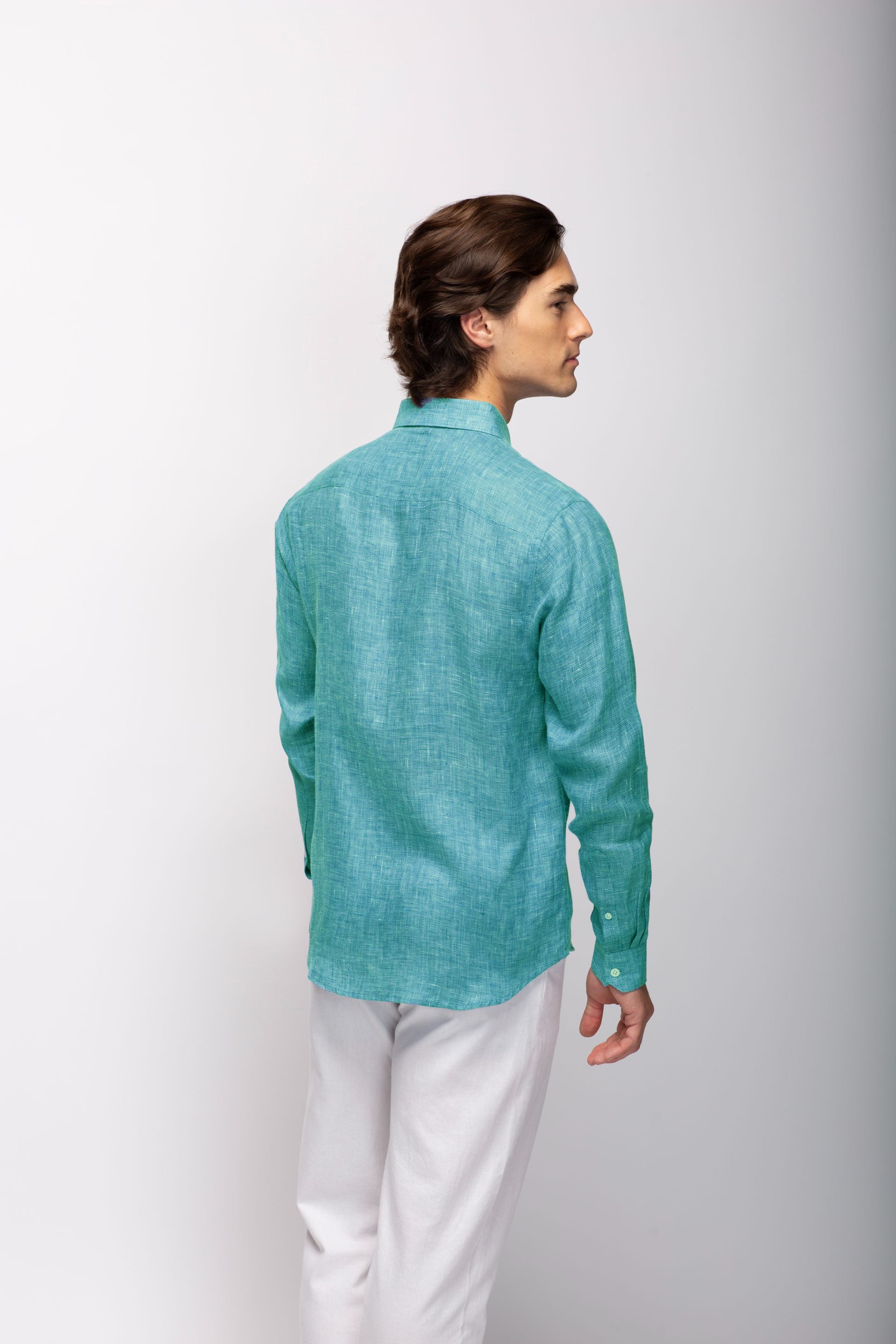 Brand Partner,Stitch Note, Stitch Note Turquoise European Linen Classic Long Sleeve Shirt, Blue, Large-46-TagL