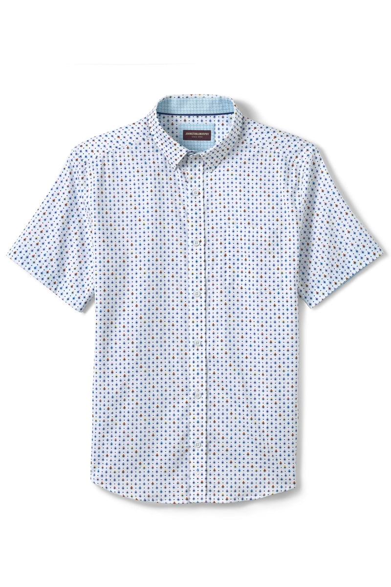 Wholesale,Johnston & Murphy, Johnston & Murphy White Multi Geo Airy Cotton Blend Shirt, White, Small-41-TagSMedium-44-TagMLarge-47-TagLExtra Large-50-TagXLExtra Extra Large-54-TagXXL