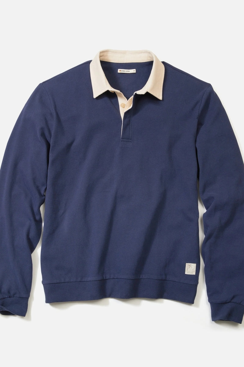 Wholesale,Marine Layer, Marine Layer Indigo with Cream Suede Rugby Polo, Blue, Small-42-TagSMedium-44-TagMLarge-47-TagLExtra Large-50-TagXL