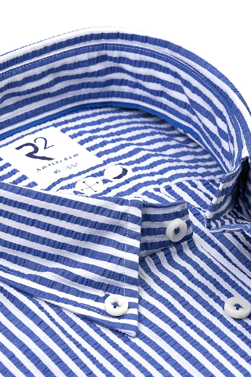 Direct From Brand,R2 Amsterdam, R2 Amsterdam Blue/White Striped Seersucker Shirt, Blue, Medium-44-Tag41Large-46-Tag42Medium-42-Tag39
