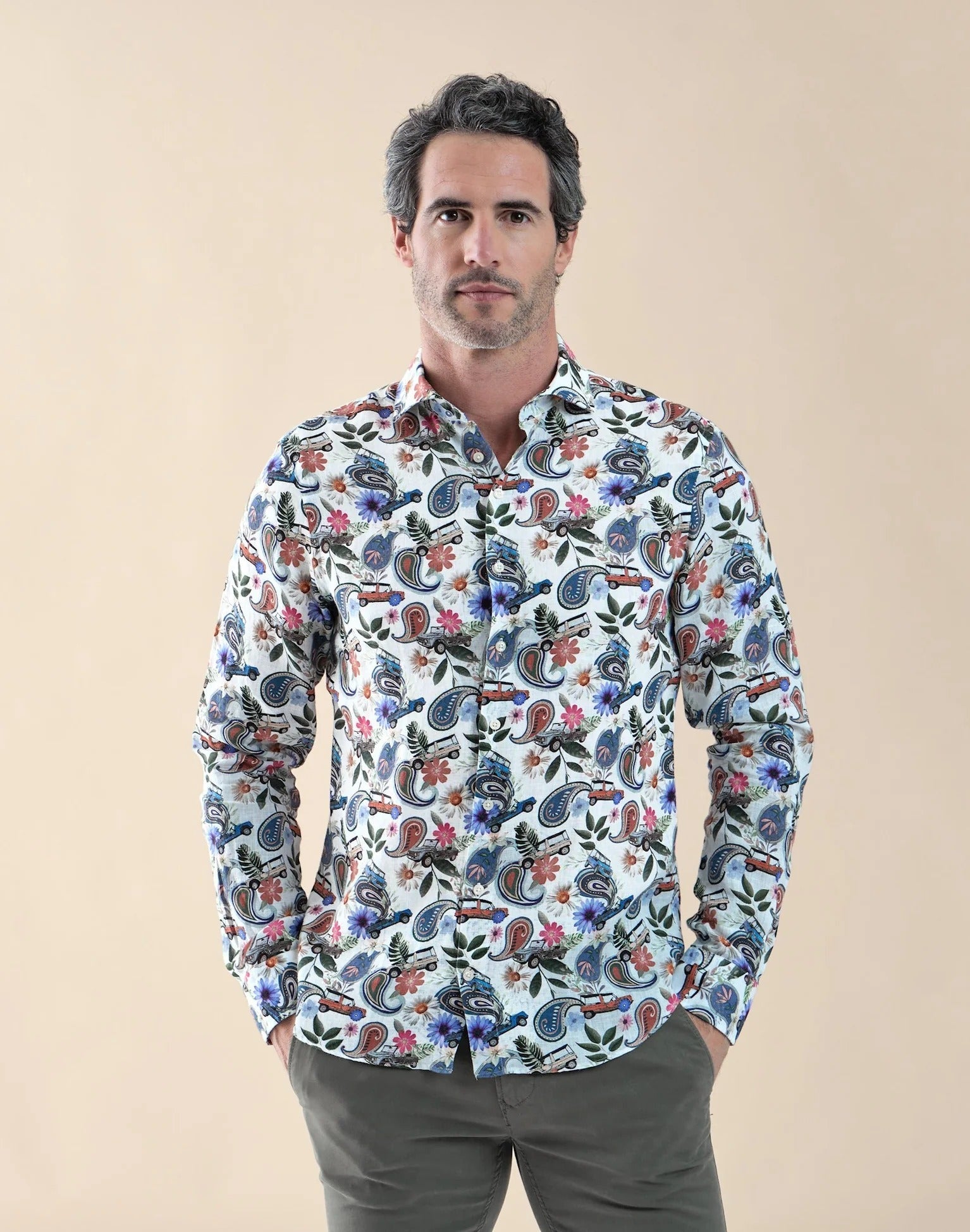 Brand Partner,R2 Amsterdam, R2 Amsterdam Multi Classic Beach-buggy Paisley Print Linen Shirt, White, Extra Extra Large-52-Tag45Medium-44-Tag41