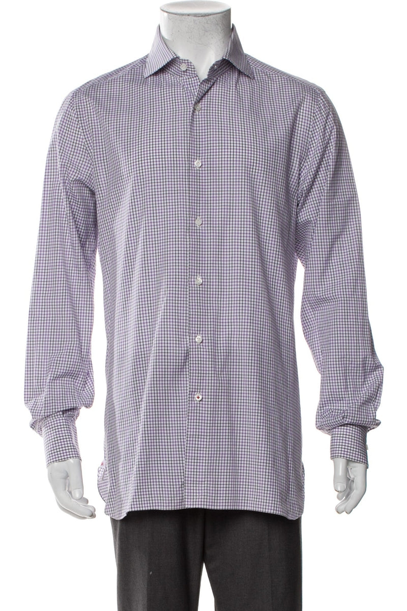 RealReal,Isaia, Isaia Purple/Grey Plaid Print Long Sleeve Shirt, Purple, Large-44-TagL