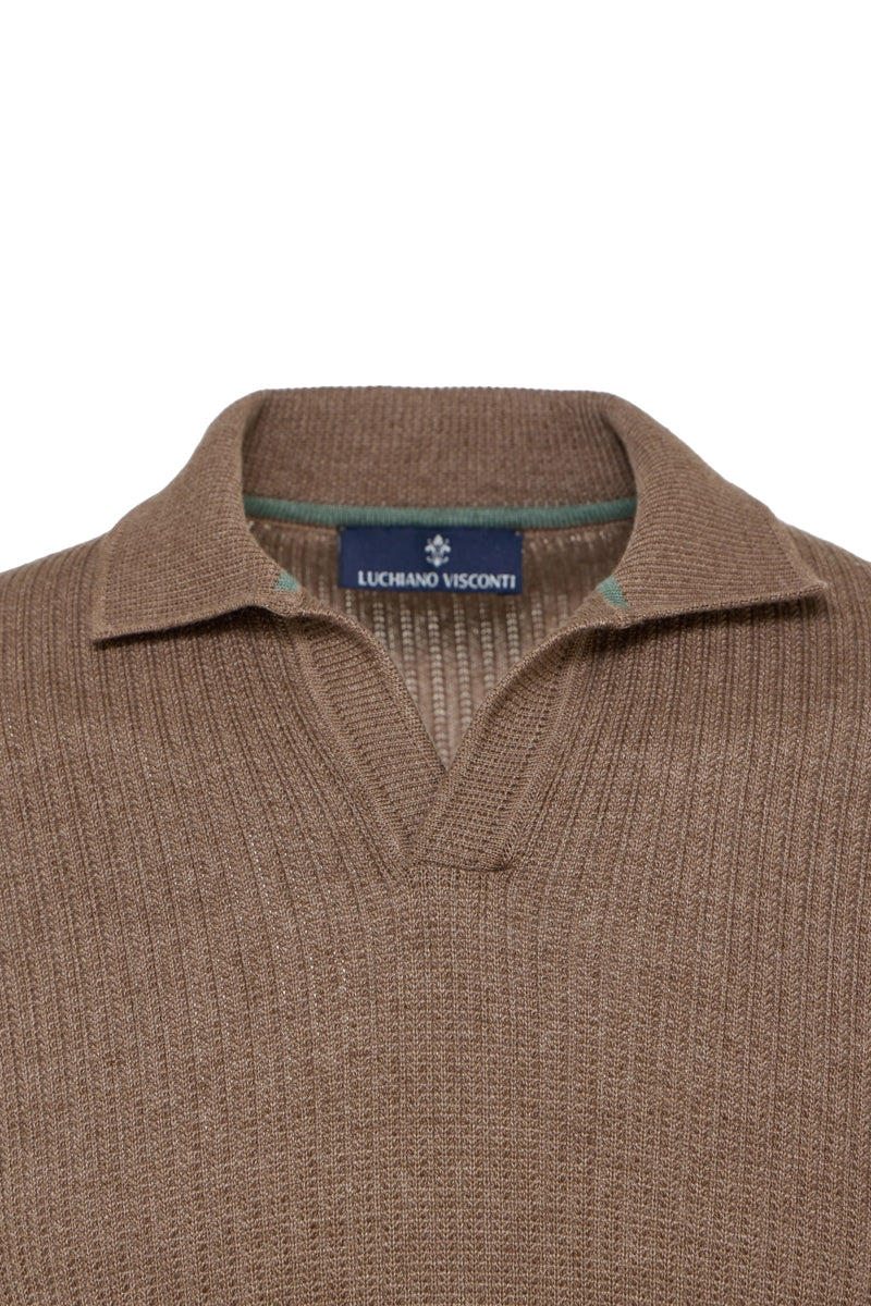 Wholesale,Luchiano Visconti, Luchiano Visconti Brown Textured Dobby Stripe Polo, Brown, Extra Large-46-TagXL
