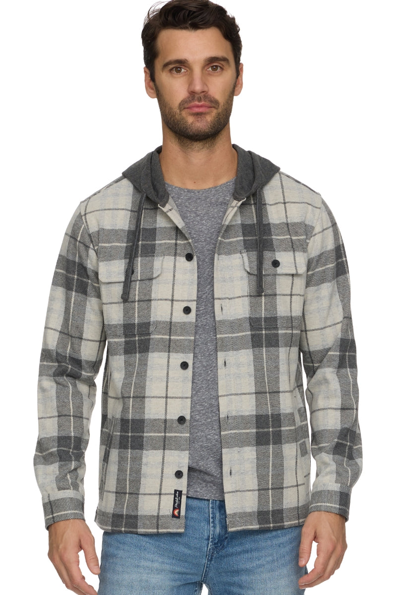 Wholesale,Flag & Anthem, Flag & Anthem Charcoal Plaid Flannel Hooded Shacket, Grey, Extra Large-52-TagXLExtra Extra Large-56-TagXXL
