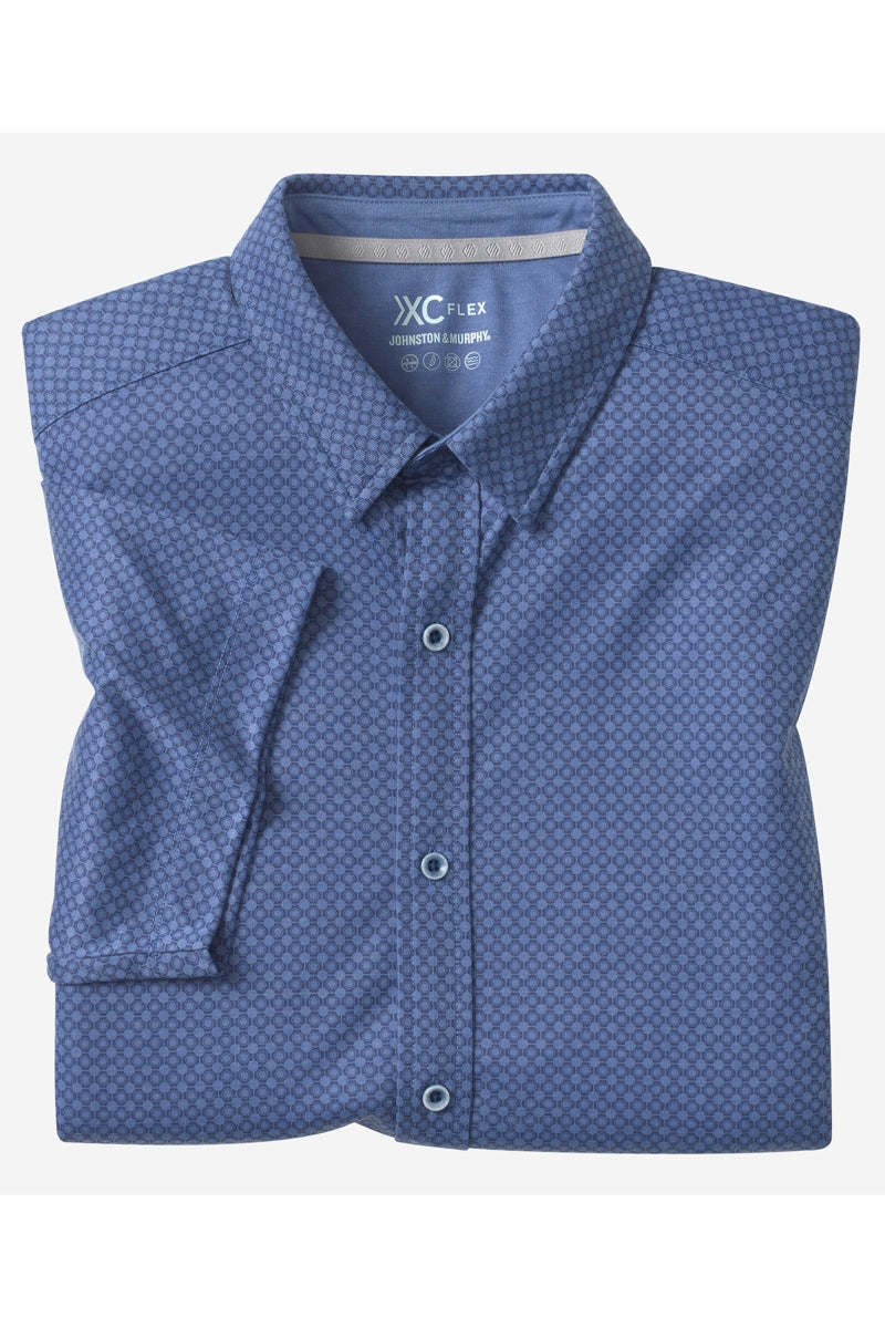Wholesale,Johnston & Murphy, Johnston & Murphy Blue Heather Geo 4-way Stretch Shirt, Blue, Large-47-TagL