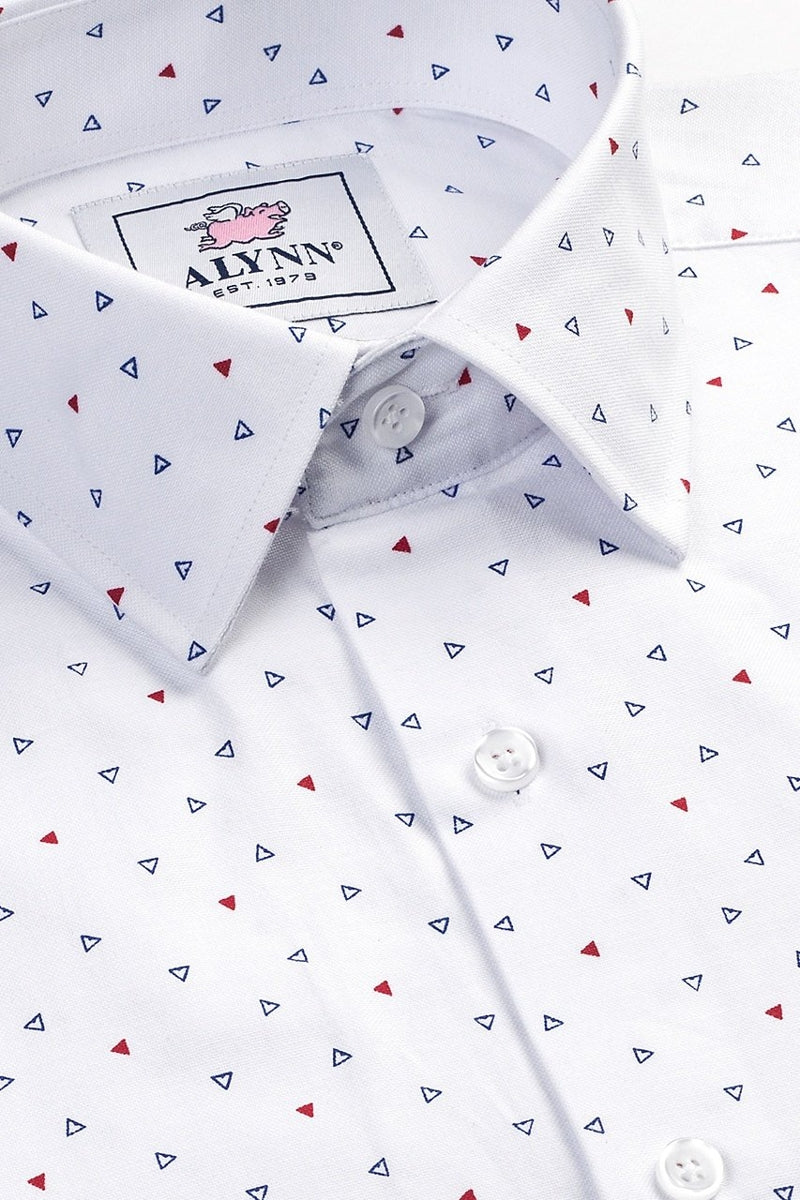 Faire,Alynn, Alynn White Triangle Print Slim Fit Dress Shirt, White, Small-38-TagS
