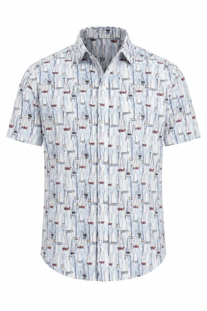 Wholesale,Luchiano Visconti, Luchiano Visconti Multi Sail Boats Printed Stretch Shirt, White, Extra Large-50-TagXL