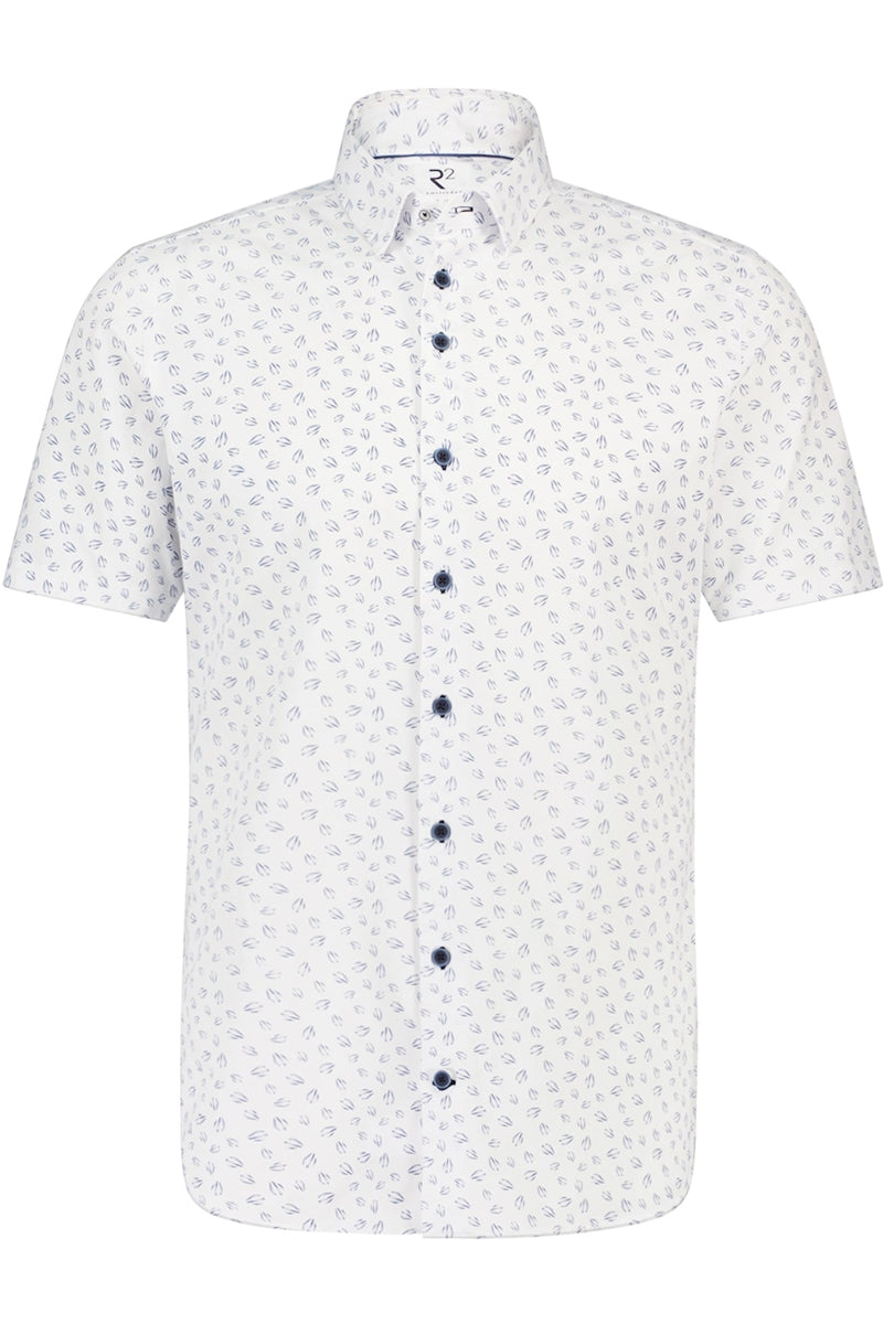 Direct From Brand,R2 Amsterdam, R2 Amsterdam White/Navy Conversational Knitted Short Sleeve Button Up Shirt, White, Medium-43-Tag40