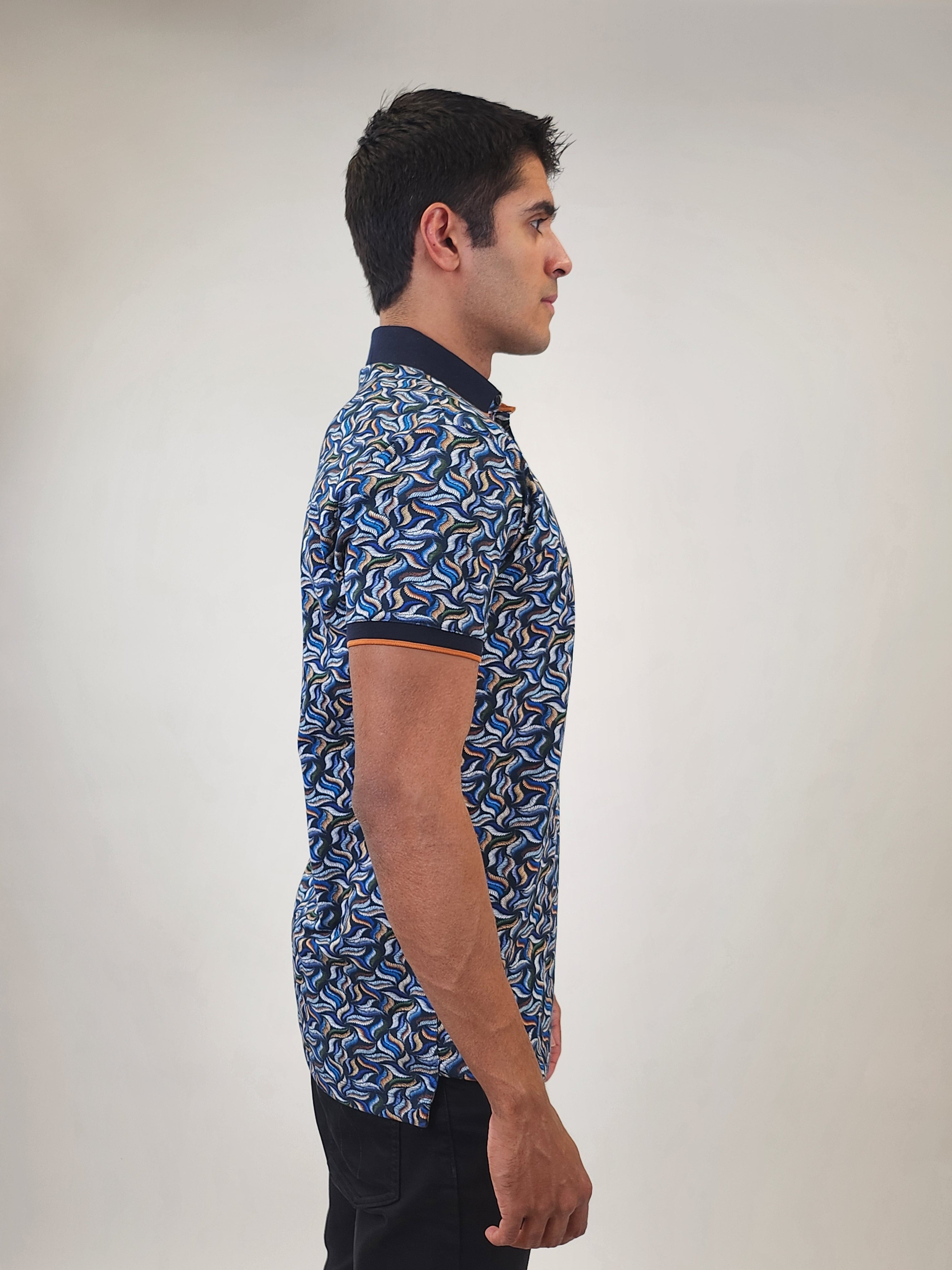 Brand Partner,R2 Amsterdam, R2 Amsterdam Blue Fern Leaf Print Pique Polo, Blue, Large-42-TagL