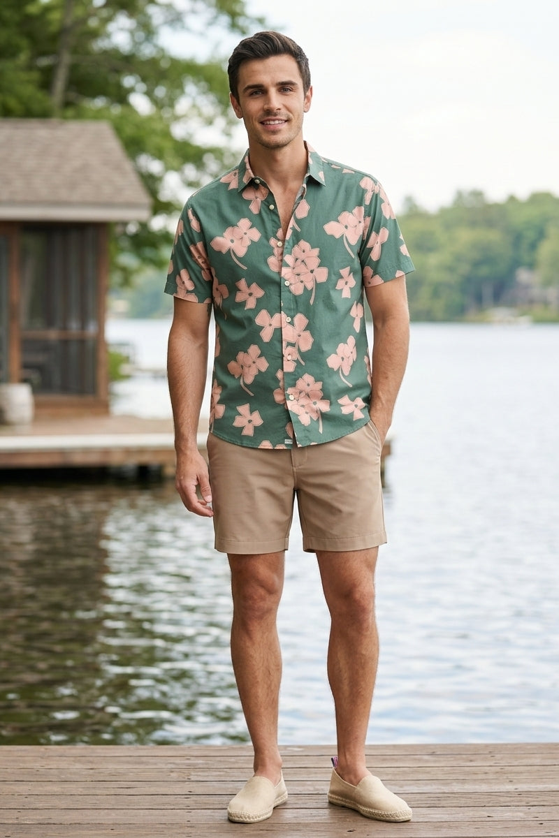 Wholesale,Fundamental Coast, Fundamental Coast Green/Rose Geo Floral Print Shirt, Green, Small-41-TagSMedium-44-TagMLarge-47-TagLExtra Large-50-TagXLExtra Extra Large-53-TagXXL