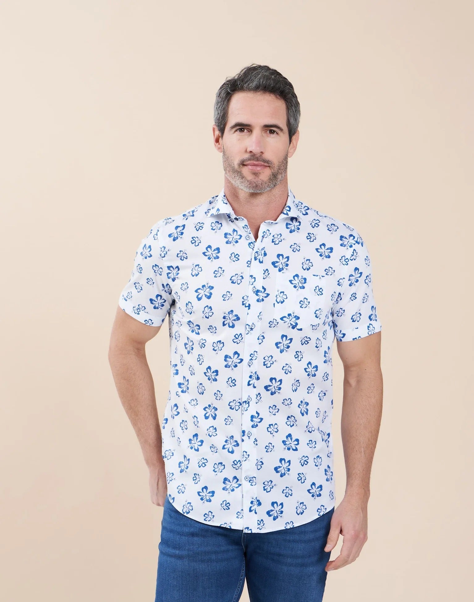 Brand Partner,R2 Amsterdam, R2 Amsterdam White Floral Print Organic Cotton Short Sleeve Shirt, White, Small-40-Tag38