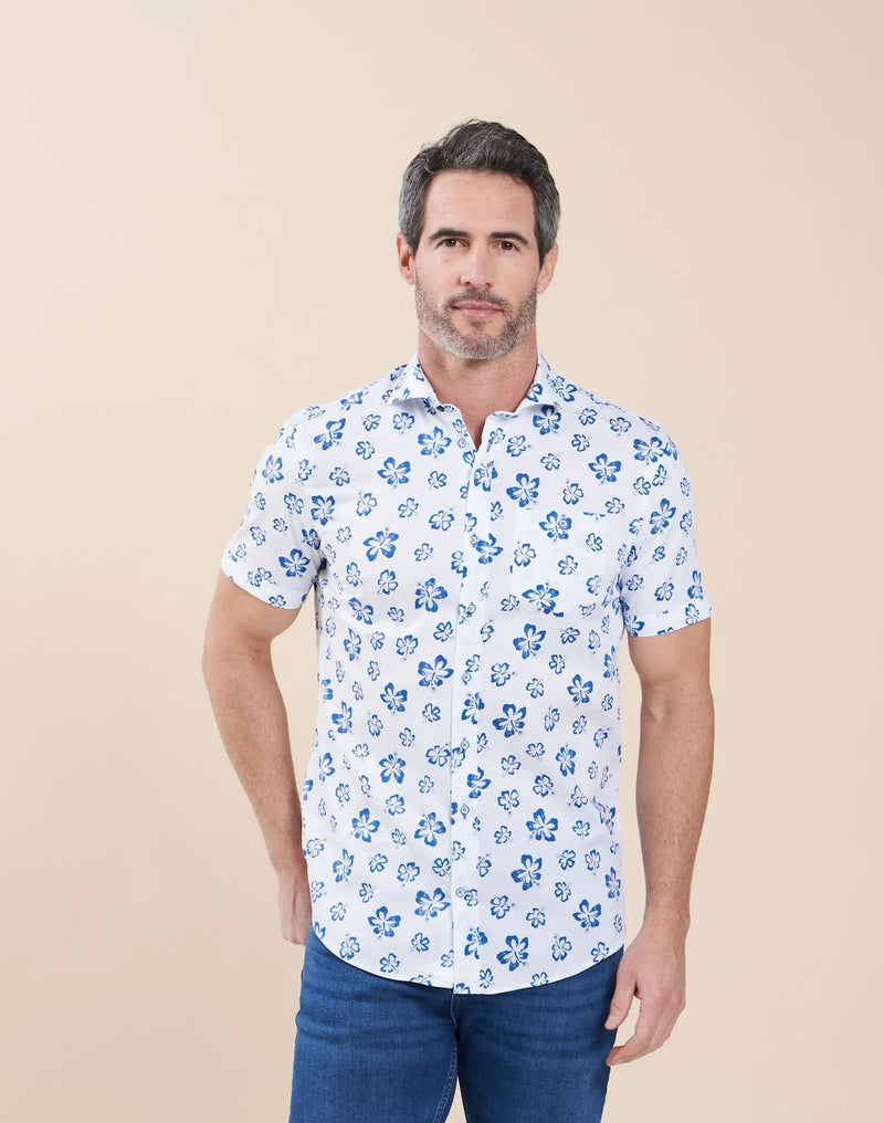 R2 Amsterdam White Floral Print Organic Cotton Short Sleeve Shirt